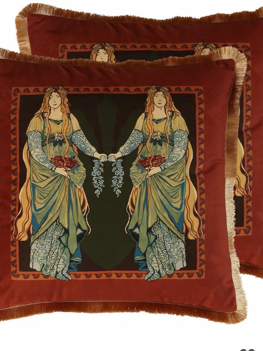 Rust Red Velvet Holiday Pillow with Art Nouveau Twin-Figure Print